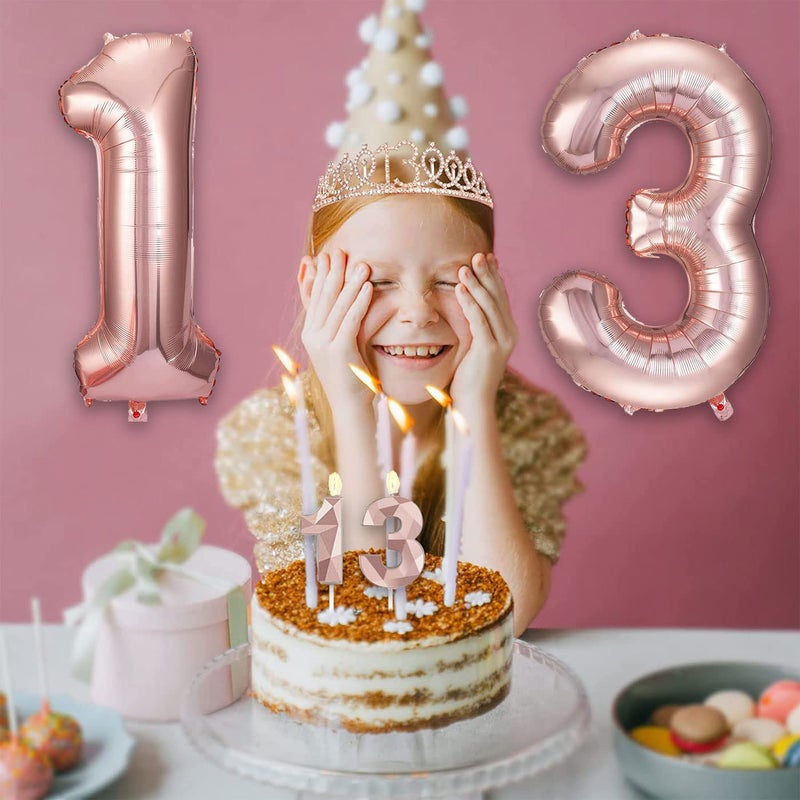 Awfrky 8pcs 13 Birthday Decorations for Girls  Including 13th Happy Birthday Cake Toppers  Birthday Queen Sash with Pearl Pin  Sweet Rhinestone Tiara Crown  Number Candles and Balloons Set  Rose Gold - Image 5